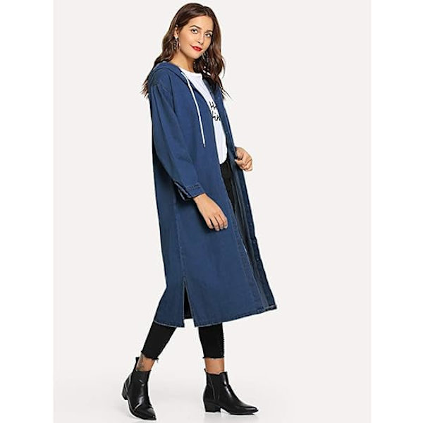 Womens Long Denim Jacket Oversized Drawstring Hooded Midi Jean Jacket, STORLEK