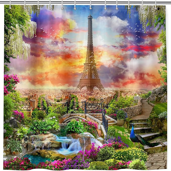 Suojakalvo vedenpitävä ja homeenkestävä Pariisin Eiffel-torni Riikinkukko Polyesterikylpyverho 180 x 180 cm