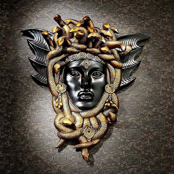 Medusa Grekisk Ormhuvud Väggplakett Harts Väggskulptur Heminredning