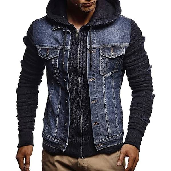 Herr Denimjacka Med Stickade Ärmar | Jeansjacka Med Luva | Snygg