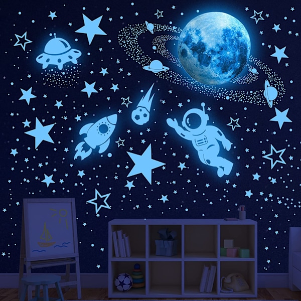 Glow-in-the-dark planeter, Glow-in-the-dark stjerner, solcelle tak astronaut, selvlysende fluorescerende galakse veggklistremerker dekorasjon for baby barn jenter gutter