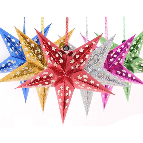 Papir Star Lantern Lampeskjerm Sett med 6, 3D Håndlaget Stor Star Pentagram for