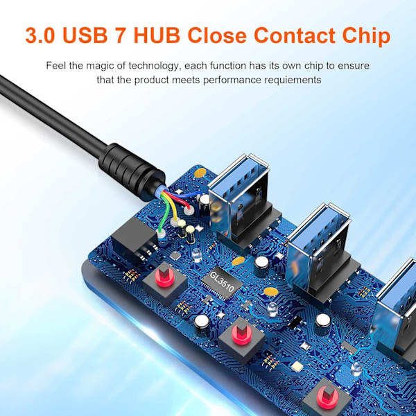 USB 3.0 Hub, 7 Ports USB Hub, Multi 7 Ports USB Strømskinne med Uafhængig Afbryder og LED'er, 5 Gbps Strømførende USB 3.0 Hub til iMac, USB-hukommelseskort, Xb