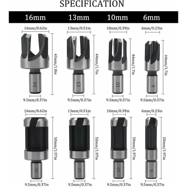 8-delad träpluggfräs, 6 mm/10 mm/13 mm/16 mm träpluggborr, kolstål W