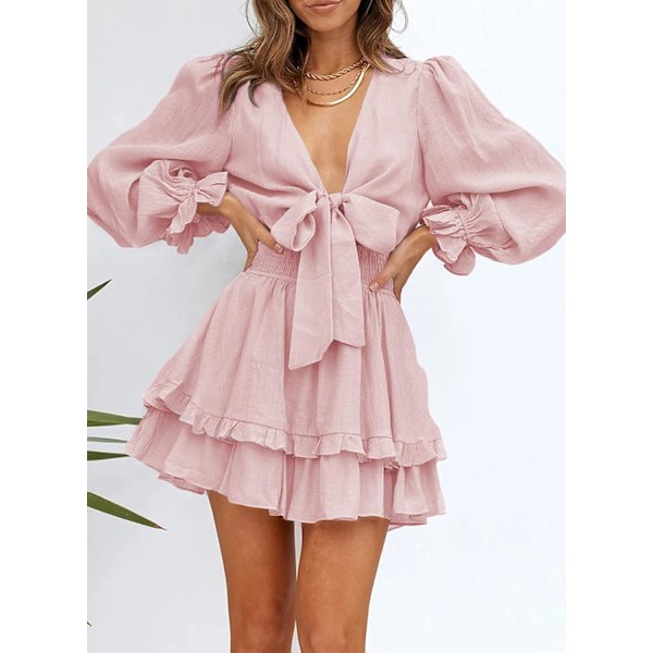 Kvinde Forår/Sommer Knyttet V-hals Ruffle Langærmet Blomsterprint Swing