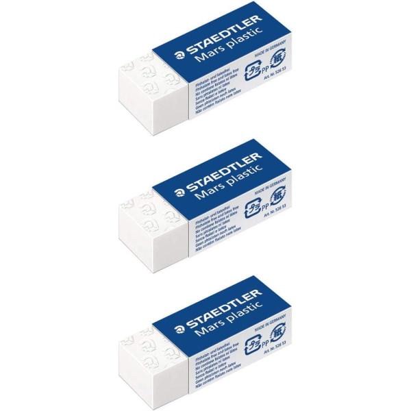 Plast Eraser Pack om 3 Plast Mini, Penna Erasers, Large Whi