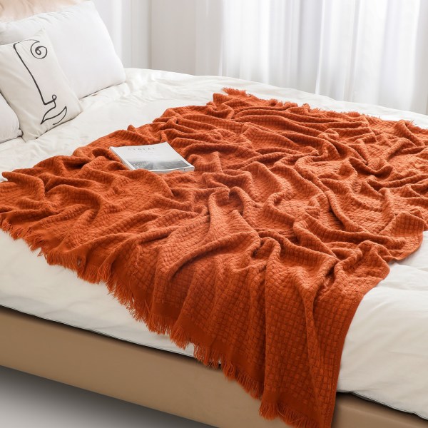 Släng filt för soffa - Mjuk Boho Jul, Mysig Höst Stickad Orange Våffel T