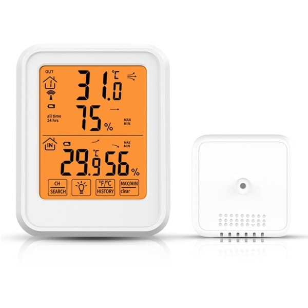 Termometer Hygrometer med utomhussensorer, bakgrundsbelysning och stor LCD-skärm