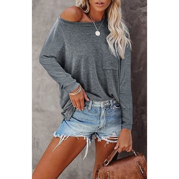 Kvinders Casual Ensfarvet Langærmet T-shirts Lomme Sideslids Skjorter Loo