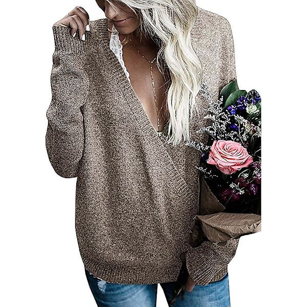 Kvinnor Långärmad Djup V-ringad Stickad Tröja Wrap Front Lös Toppar Pullover J