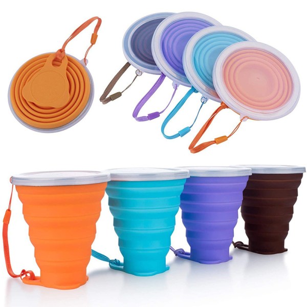 Hopfällbar Resekopp i Silikon - Hopfällbar Campingmugg i Silikon med Lock - Expanderbar Drickkopp Set - Bärbar, （Färg slumpmässig leverans，270ML）