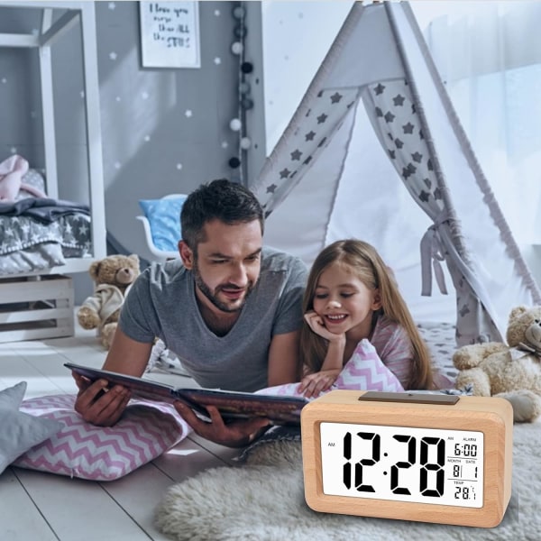 Enkel inställning Trä Digital väckarklocka med temperatur, Digital väckarklocka, Datum, Bakgrundsbelysning, Snooze