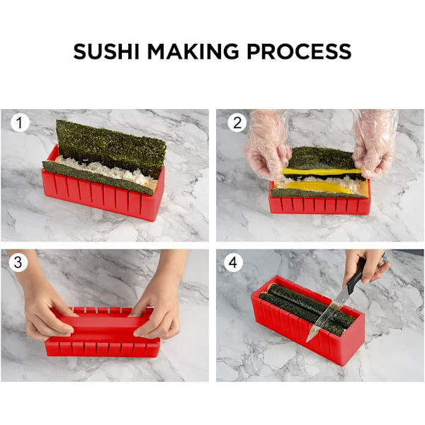 Sushi Making Kit Deluxe Edition med komplett Sushi Set 10 delar plast Sushi Maker Verktyg Komplett med 8 Sushi Ris Rulle Formar Gaffel Spatel DIY Hem Sushi Verktyg (Röd)