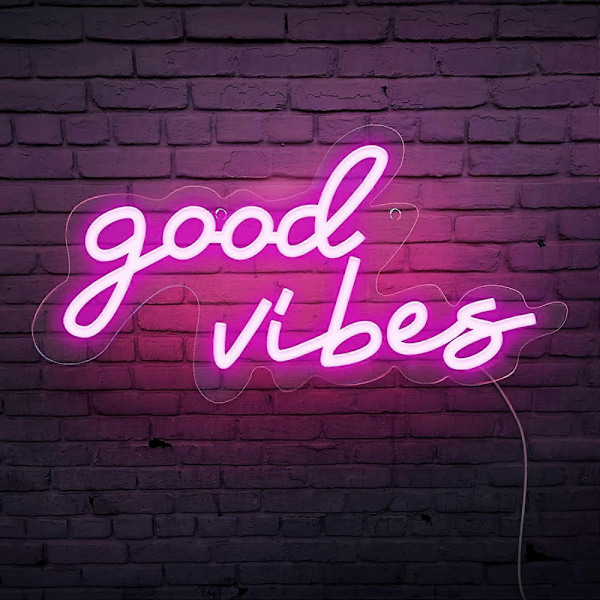 Good Vibes eon-skylt med USB-ström och dimmer, rosa LED eon-skyltar för sovrum, eon-lampor för väggdekoration, spelrum, fest, bardekoration - 16,1 * 8,2