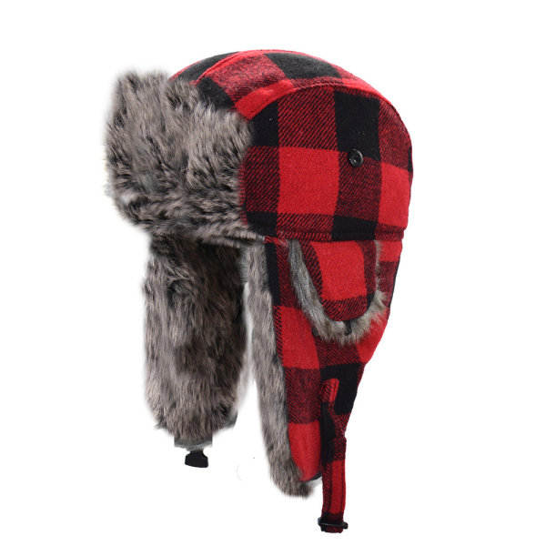 Buffalo Plaid Aviator Fur Trapper Hat  Eskimo Russian Bomber Hat with Ear F