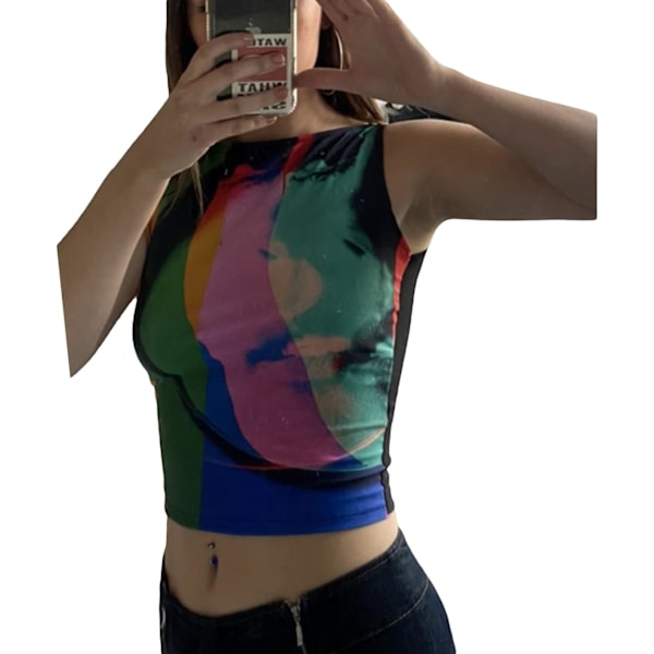 Kvinners Ansiktsportrett Trykt Crop Top Y2K E-Girls 90-talls Ermeløs Tank Top Gr