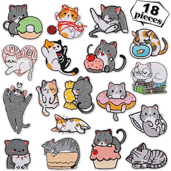 18 stk. broderi stryge-på patch, søde kattemønstre, sy patch applikation, broderede badges, reparer huller, til jakker jeans tasker nederdel hatte skjorte