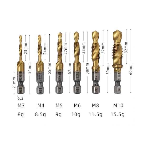 HSS borrbitsset sexkantskaft metriska gäng HSS borr- och gängbits för koppar plast trä aluminium 6st/set M3 M4 M5 M6 M8 M10