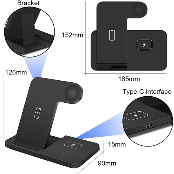 Trådløs ladestasjon kompatibel med iPhone, Apple Watch og AirPods - 3-i-1 15W trådløs ladestativ kompatibel med Qi Magsafe-lading