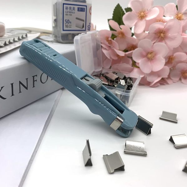 Bærbar musling clips dispenser håndholdt papirklipser 2 clips pushere + 100 ekstra clips