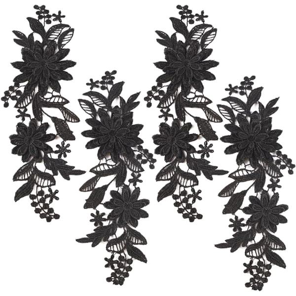 4 st Broderade Blommiga Spetsapplikationer Daisy Blommor Blad Broderade Tyglapp Svart Sy på Krage Applikationer för DIY Sömnad Hantverk Bröllop Dekoration
