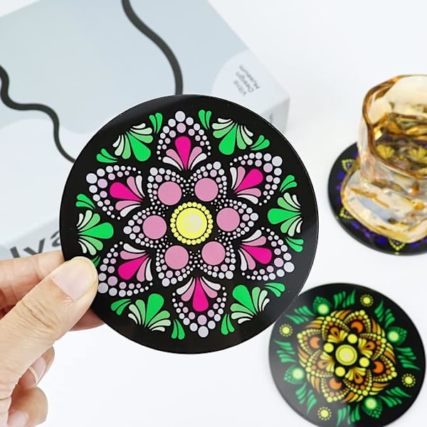 4 stk. 9,8 cm akryl cirkelformede underlag, akryl runde underlag med mandala