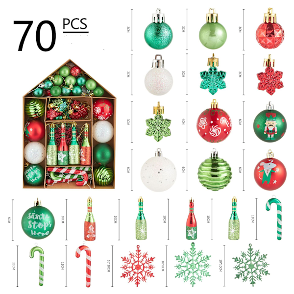 70 st Shattersäkra Julgranskulor, Underbara Tomte Röd Grön och Vit Julgranskulor för Julgransdekoration