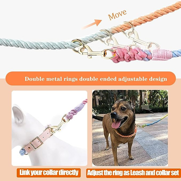 Multifunktionellt hundkoppel i rep 7,5 fot med justerbar dubbel svängbar krok handsfree för små, medelstora och stora hundar som springer och vandrar (färgglad regnbåge)
