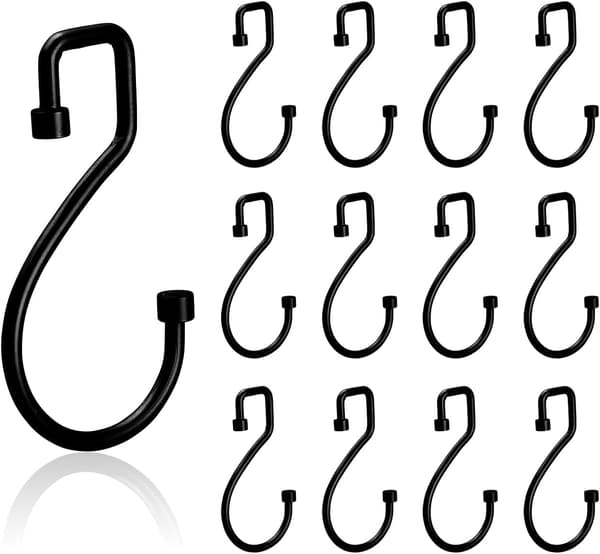 12-pack S-formade krokar Rostfria metall Duschdraperikrokar kompatibla Kök Sovrum, Svart