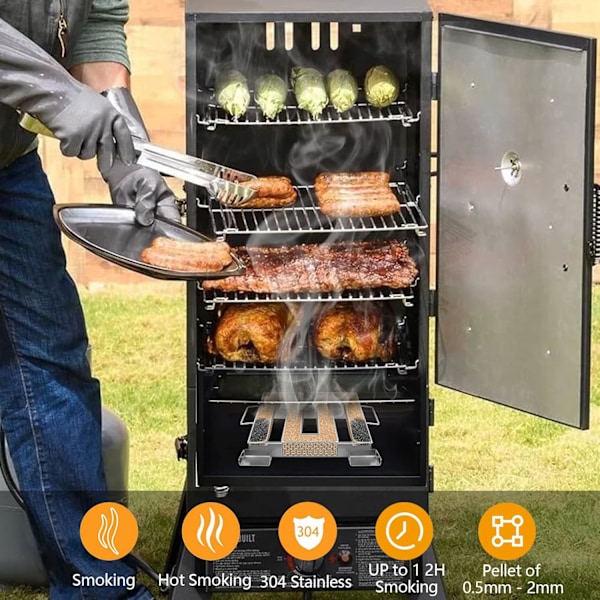Koldrøgsgenerator i rustfrit stål med 2 kød kroge + 1 rengøringsbørste - Røger til BBQ grill, genanvendelige røgere (22,5 x 21,5 x 4 cm)
