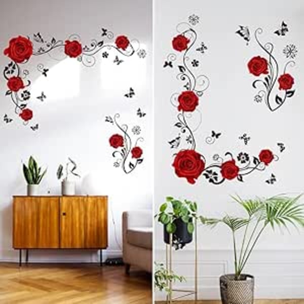 2PCS Wall Stickers Wall Sticker Flower Wall Stickers Red Roses Wall Stickers Flowers and Butterflies Wall Stickers Living Room Wall Decoration Bedroo