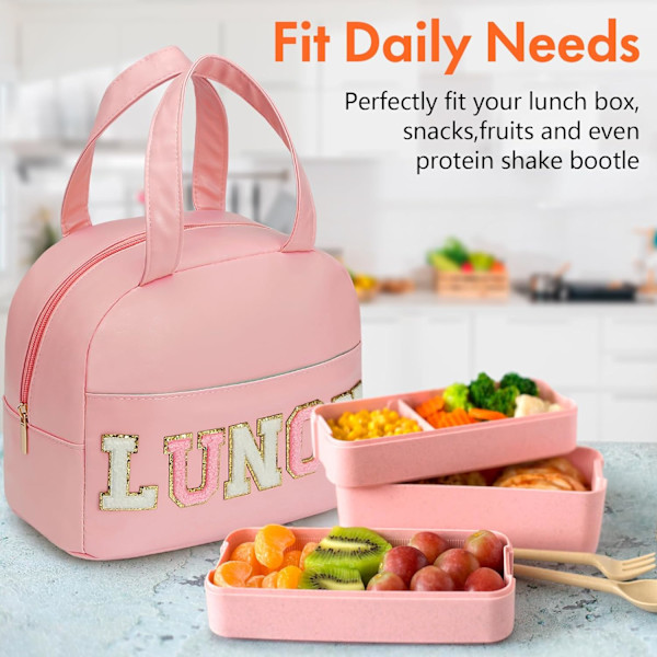 Lounaslaukku naisille - Pinkki, nahkaa, unisex, ateriakori, vedenpitävä, eristetty, uudelleenkäytettävä, kannettava, 9,4 litran tilavuus, söpö kirjainkuvio