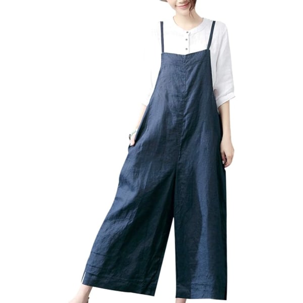 Kvinnor Casual Lös Lång Haklapp Byxor Vida Ben Jumpsuits Baggy Bomull Rompers O