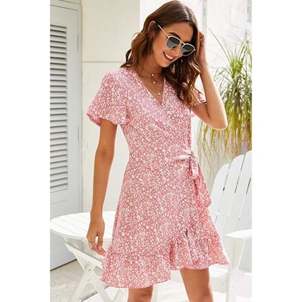 Kvinders sommer wrap V-hals prikket print flæse korte ærmer mini floral