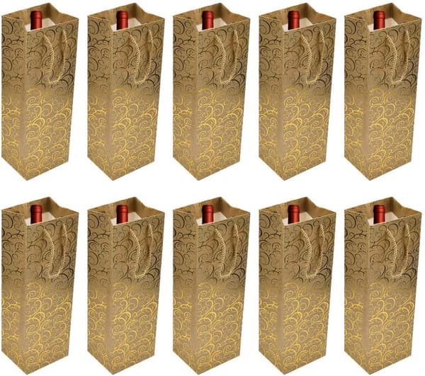 10-pack Guld Presentpåsar för Flaskor, Kartongförpackningspåse kompatibel med Vin och Champ