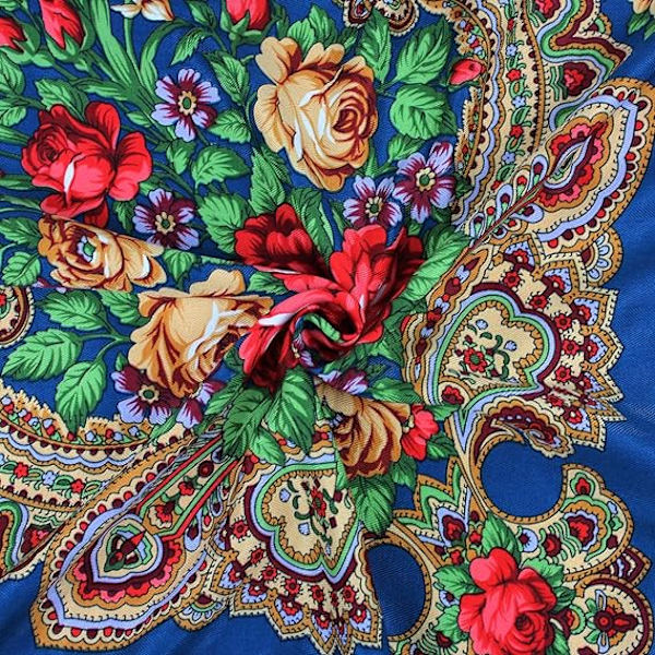 Kvinnors traditionella sjal wrap tofs sjal fransar hals huvud sjal retro sjal blommig poncho tryck sjal sjöblå färg 160*160CM