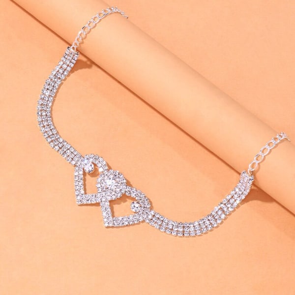 Rhinestone Dobbel Hjerte Lårkjede Rhinestone Hjerte Benkjede Krystall Benkjede Armbånd Sexy Lårkjede Smykker for Kvinner (Hjerte-sølv)