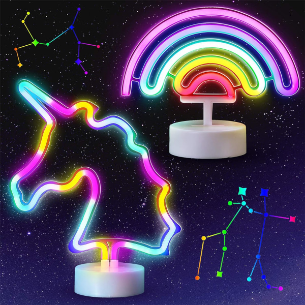 2 stk. Rainbow Neon Sign, Unicorn Neon Light Skilte Sæt Batteri o