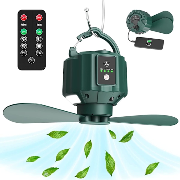 USB-drevet campingvifte, oppladbar bærbar campingvifte (med fjernkontroll), teltvifte (med avtakbare blader), krok, timer