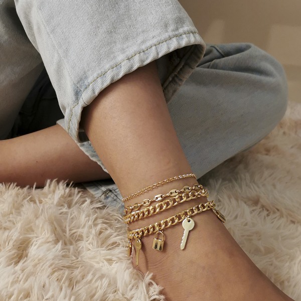 Guldpläterade Layered Ankles Pearl Anklet Ankel Armband Satellite Chain An