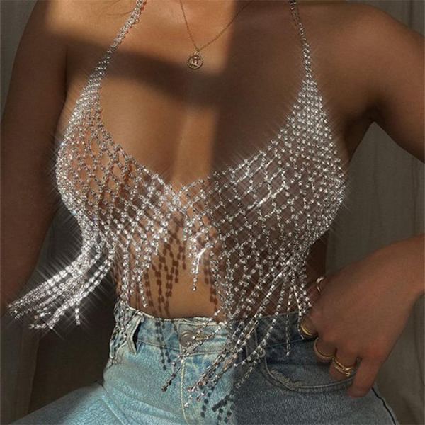 Mesh Body Strap Bryst Kæde BH Top Rhinestone Crystal Lingeri