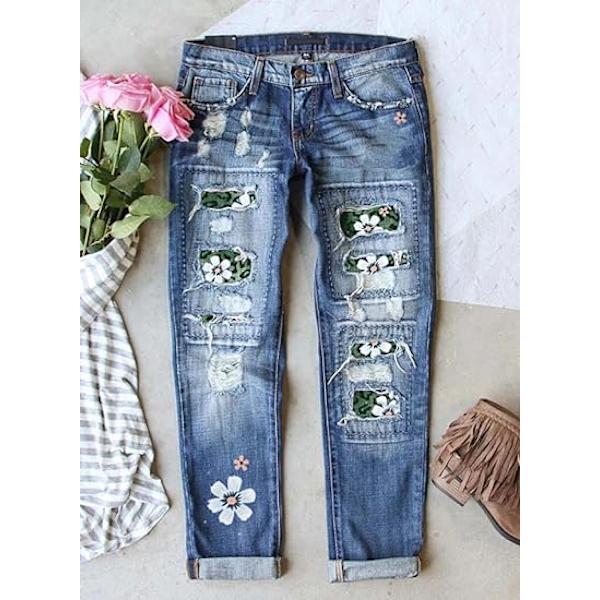 Naisten Revityt Leopardi Kukka Tilkkutäkki Farkut Tuhottu Slim Fit Denim Housut