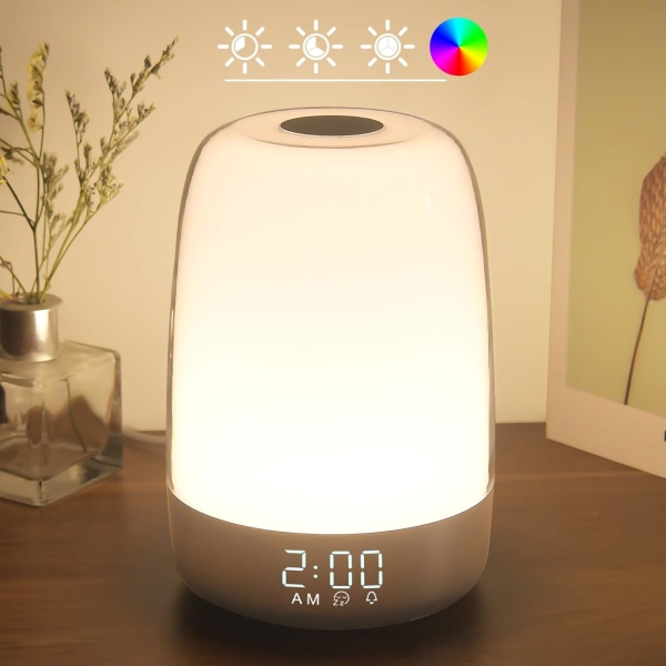 Touch Wake Up Nattlampa med Soluppgångssimulering Väckarklocka, 3 Sätt Dimbar Varm Vit Sänglampa för Barn Sovrum RGB Ambient Bord Nattduksbordslampa, Sömn Hjälp Snooze Timer Läge