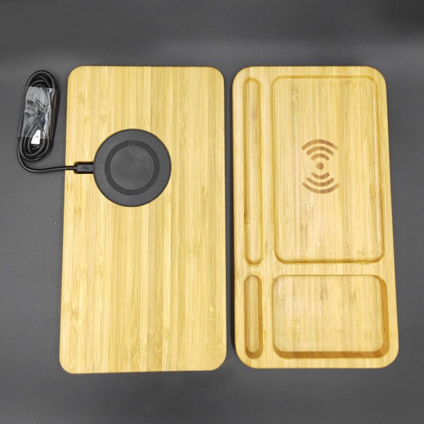 10W Wood Phone Trådlös Laddningsstation med Desk Organizer Pad, Bamboo Qi