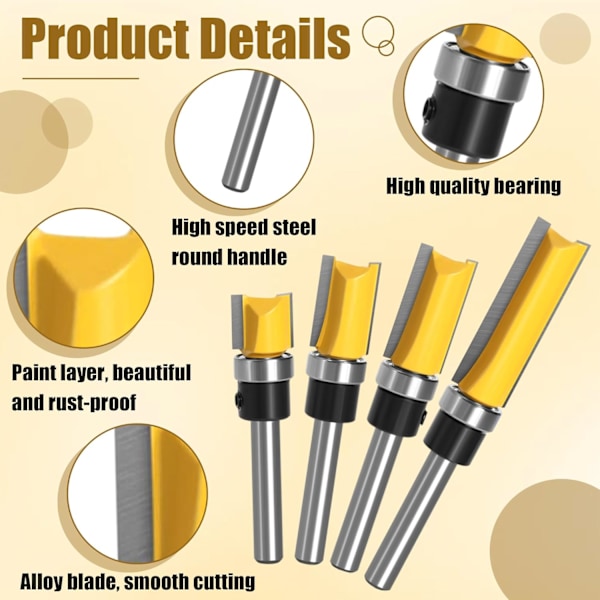 Shank Flush Trim -reunukset, 4 kpl 6,35 mm Shank Flush Trim -reunukset, ammattivarusteet kuulalaakereilla, puuntyöstötyökalut, jyrsinkärjet