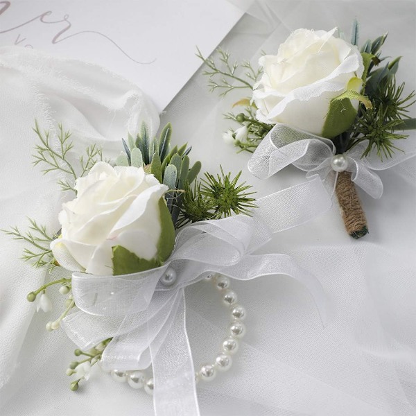 Elfenbensfarvet rosenhåndleds-corsage armbånd og mænds corsage sæt hvidt bryllup