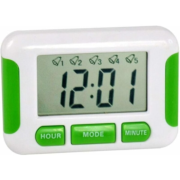 Direkte lednings digitalt ur med 5 separate multiple alarmer - Stoppur, pille