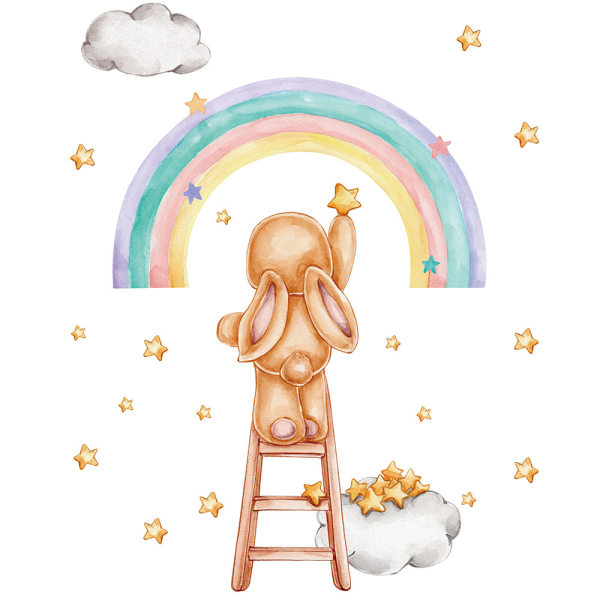 Et sæt kreative Rabbit Rainbow Stars Cloud Wall Sticker, Wall Sticker