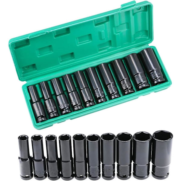 Iskuvasokkien sarja, 10 osaa Pitkä sokkisetti 10-24mm, 1/2\" kuusiokoloinen iskuvasokki, Sokkihylsy ruuvimeisselille ja porakoneelle