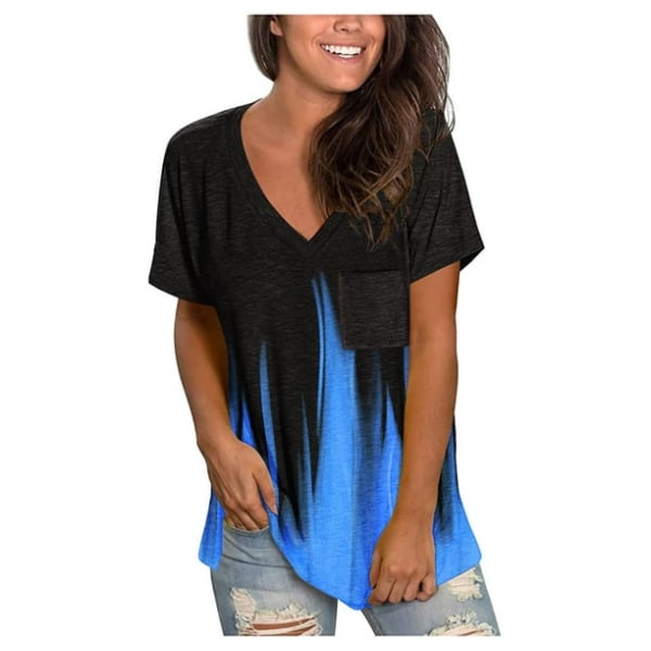 Plus size topper for kvinner Dame skjorte Dame kort ermet V-hals print T-skjorte lomme tunikaer casual topper bluser blå M